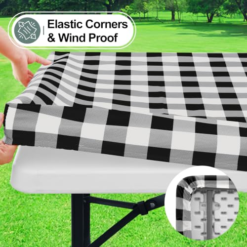 Waterproof Black and White Buffalo Picnic Tablecloth, 6ft Fitted Vinyl Cover