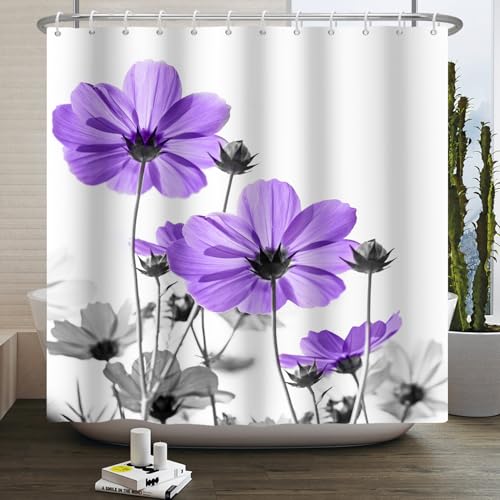 Violet Grey Floral Shower Curtain, 72x72 Inch, Vintage Botanical