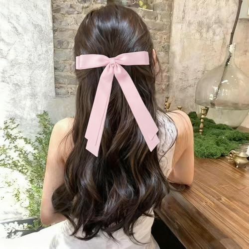 Dladhict 2 Pcs Pink Satin Hair Bow Clips, Large Double Ribbon Hair Accessories