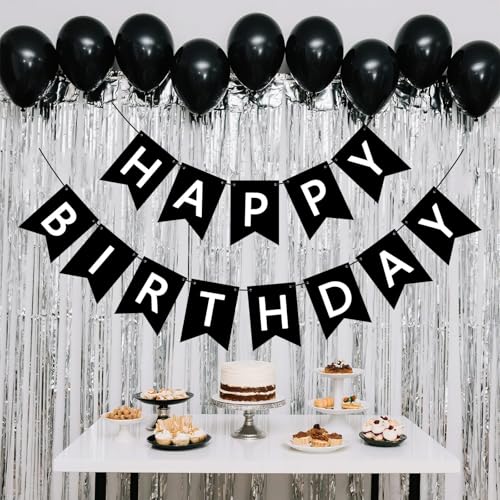 Black Happy Birthday Banner Sign with Personalized Name - Party Decorations