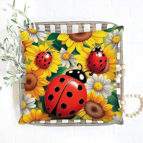 Sunflower Ladybugs Decorative Pillow Cover – 18x18 Inch Cotton Linen