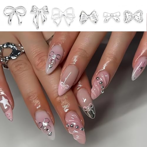 400Pcs Gold and Silver Bow Nail Charms Shiny Rhinestone Bows for DIY Manicure
