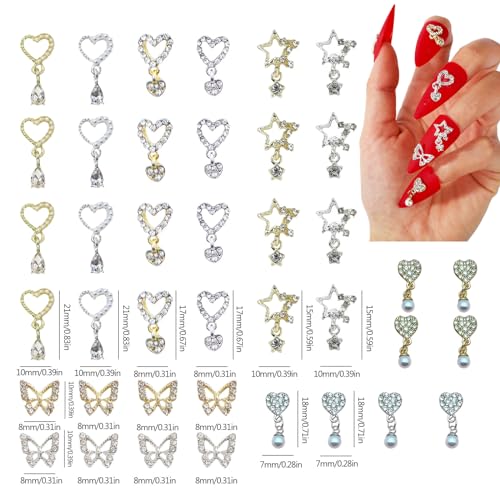 40Pcs Heart & Star Dangle Nail Charms Silver Gold Rhinestone Gems