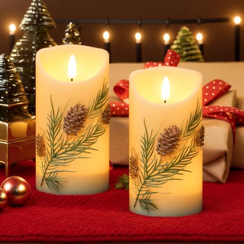 Flameless Candles with Pine Cones & Trees, 6H Timer, Safe Battery Operated Decor