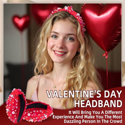 BLAAROOM Red Knotted Pearl & Rhinestone Headband for Women