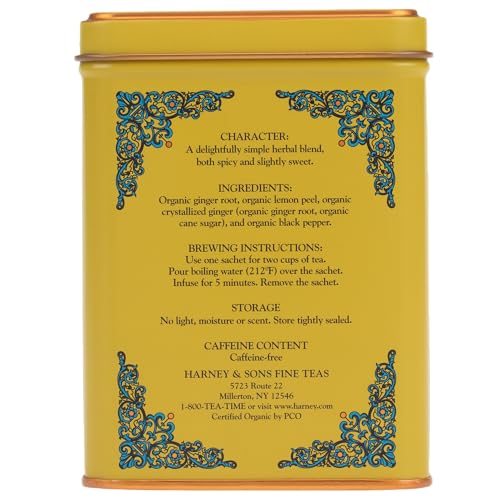 Harney & Sons Organic Ginger Lemon Herbal Tea, 20 Pyramid Sachets in Tin
