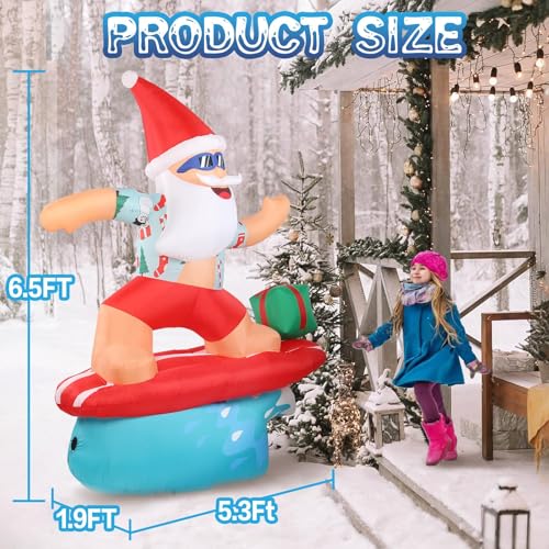 Gardentime 6.5FT Inflatable Santa Surfing Christmas Holiday Yard Decor with LED Lights