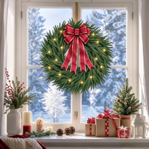 28-Inch Lighted Christmas Wreath with Detachable Bow - Pinkpum Green Variation