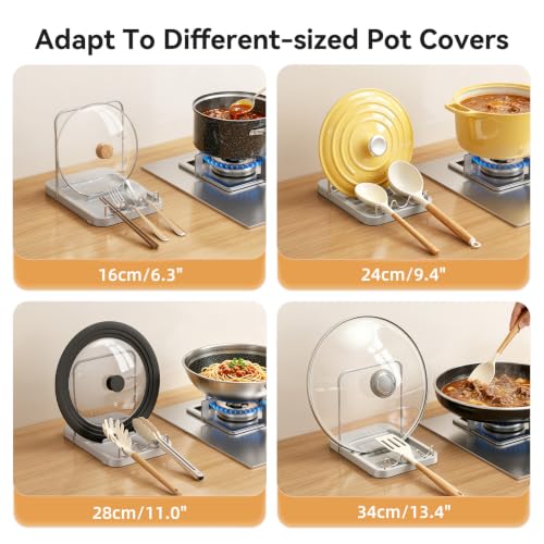 Foldable Pot Lid Holder with Spoon Rest and Suction Cups - Grey