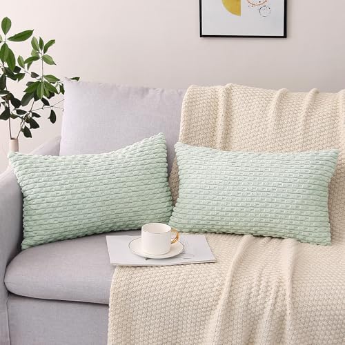 Light Green Corduroy Throw Pillow Covers 18x18 Inch - Set of 2 Striped Cases