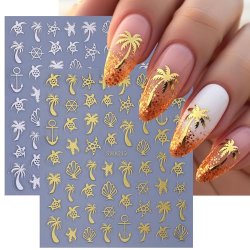 3D Summer Ocean Nail Art Stickers - 10 Sheets Gold & Silver Beach Decals