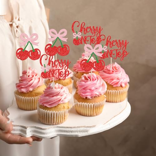24 PCS Cherry On Top Cupcake Toppers - Glitter Cherry Picks, Design 1