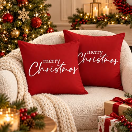 Christmas Pillow Covers 2 Pack - Red Merry Christmas Throw Pillow Cases for Holiday Decor