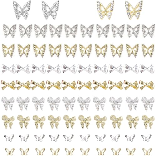 84 PCS Butterfly and Bow Nail Charms - Gold & Silver Nail Art Gems