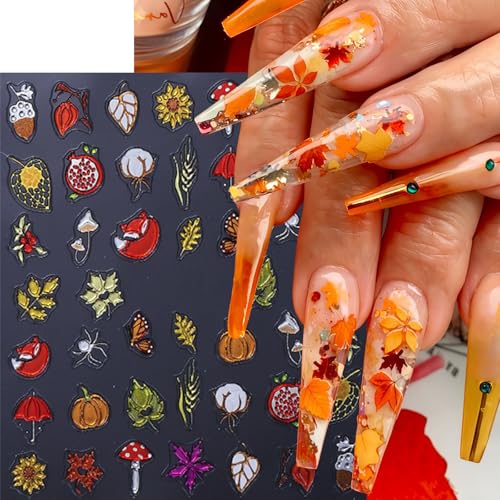 Fall Nail Art Stickers 2 Sheets Thanksgiving Pumpkin Maple Leaf Decals