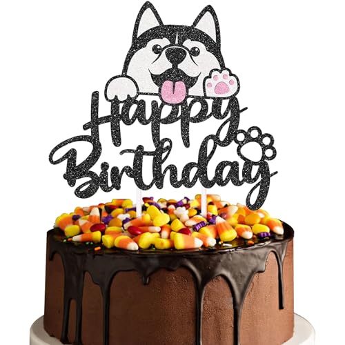 Husky Cake Topper - Black Glitter Birthday Decorations for Kids