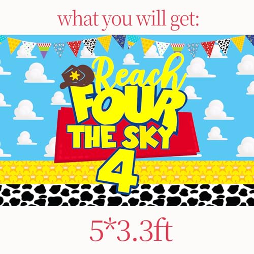 Reach for the Sky Birthday Backdrop - Clouds & Cartoon 4th Party Decoration