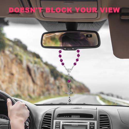 Christian Rosary Rearview Mirror Pendant - 2 PCS Cross & Bead Decor