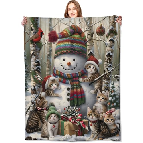 Festive Snowman & Cats Blanket - Christmas Throw Blanket 50x60in - Cozy Holiday Decor