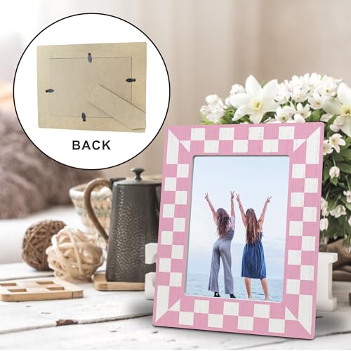 Pink Checkerboard Wooden Photo Frame for 4x6 Pictures - Aesthetic Tabletop Decor & Gift