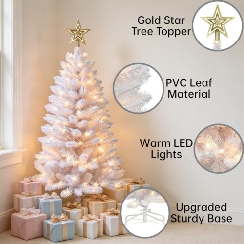 4FT White Artificial Christmas Tree with Warm White String Lights - Small Holiday Tree - Dream Loom - White Variation