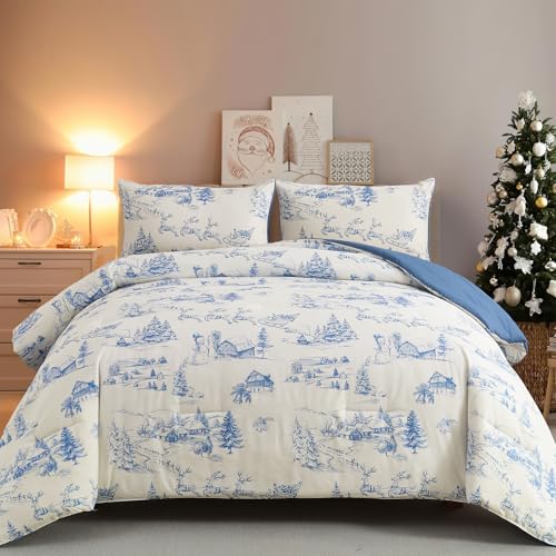 Blue Christmas Comforter Set King - Snowman & Tree Bedding, 104x90"