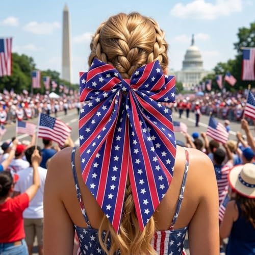 Patriotic Large Red White and Blue Hair Bow Clip with Long Tails