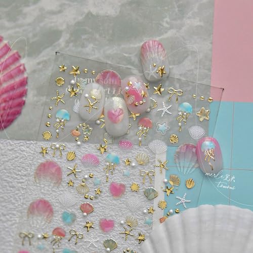 5D Embossed Ocean Nail Stickers - Pearl Seashell, Starfish & Jellyfish Decals