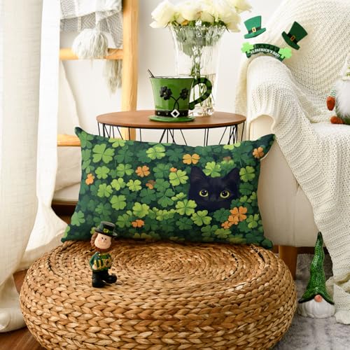 St. Patrick's Day Black Cat Throw Pillow Cover - 12x20 Inch