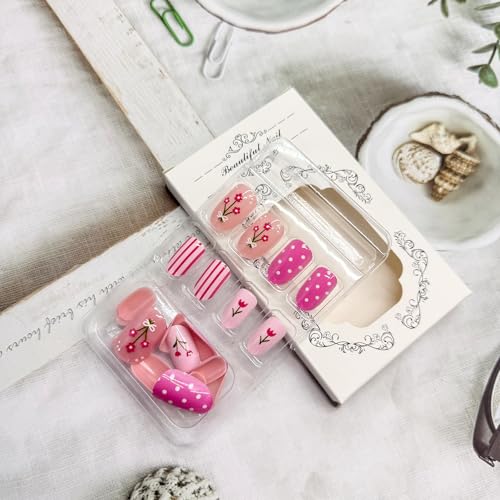 Medium Oval Press on Nails Cute Strawberry Acrylic False Nails Pink Tulip
