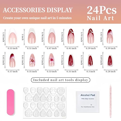 Tephrent 3D Flower Press on Nails Almond Red French Tip False Nails