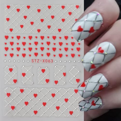 Valentines Day Nail Art Stickers 6 Sheets 3D Self-Adhesive Red Heart French Tips