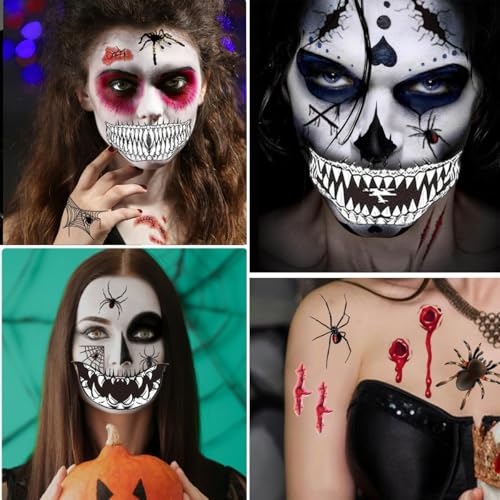 EIKEJI Realistic Halloween Temporary Tattoos - Clown Mouth, Zombie Scars & Spiders