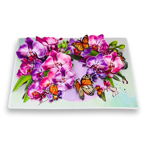 3D Orchid and Butterfly Pop Up Thank You Card - 6x8 Inch