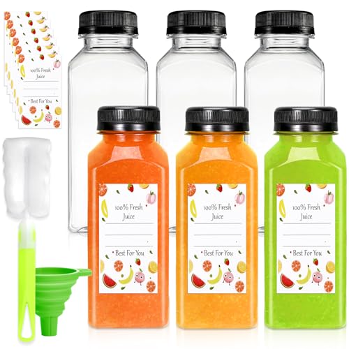 12oz Reusable Plastic Juice Bottles with Leak-Proof Lids - Set of 6