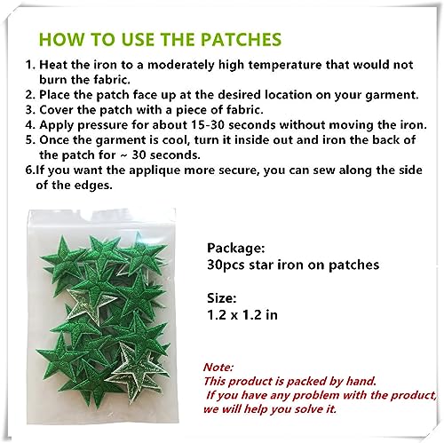 30 Green Star Iron-On Patches for Clothing & Accessories