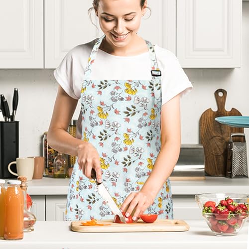 Blue Floral Apron for Women - Waterproof Cotton Canvas with Pockets