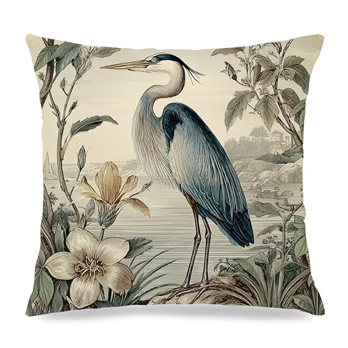 Vintage Blue Heron Pillow Cover 18x18 - Bird-03, Double-Sided Flannel