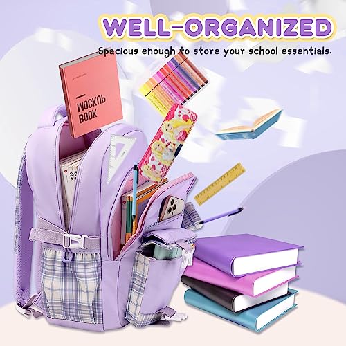 Kawaii Girls School Backpack with Luggage Strap - Purple, Lightweight