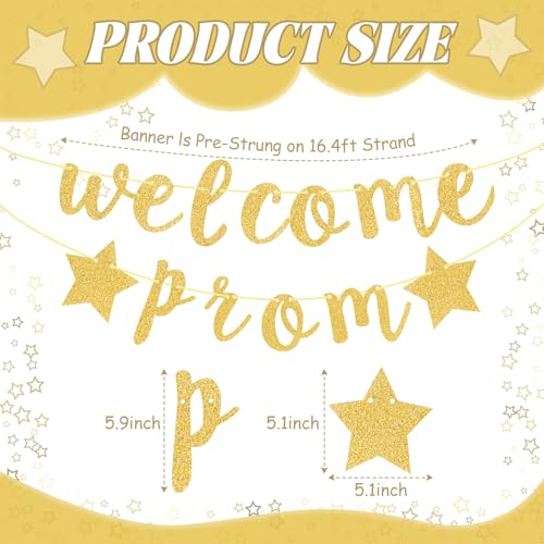Welcome Prom Gold Glitter Banner Decoration with Stars Photo Prop