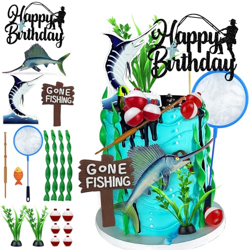 18-Piece Gone Fishing Cake Topper Set for Fisherman Themed Birthday Parties
