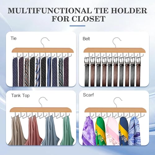 Wooden Tie and Belt Organizer Hanger with 20 Rotating Foldable Hooks