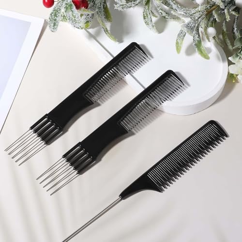 Grevosea 3-Piece Teasing and Rat Tail Hair Comb Set with Metal Pick