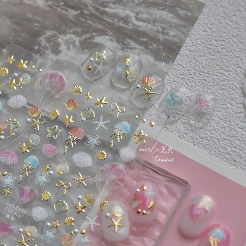 5D Embossed Ocean Nail Stickers - Pearl Seashell, Starfish & Jellyfish Decals