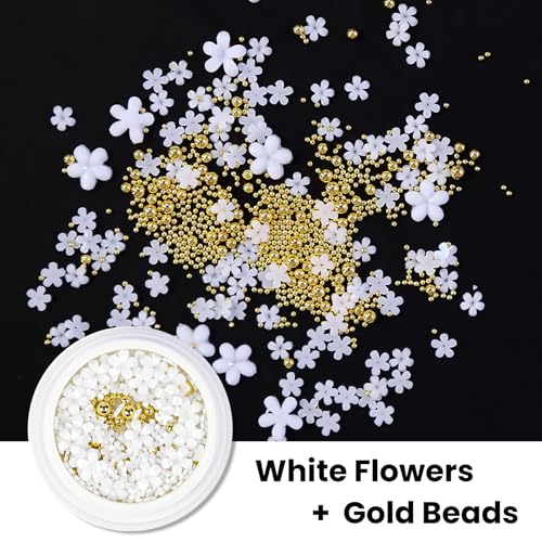 BitsyRizz 3D White Flower Nail Art Charms with Gold Steel Beads for DIY Manicure