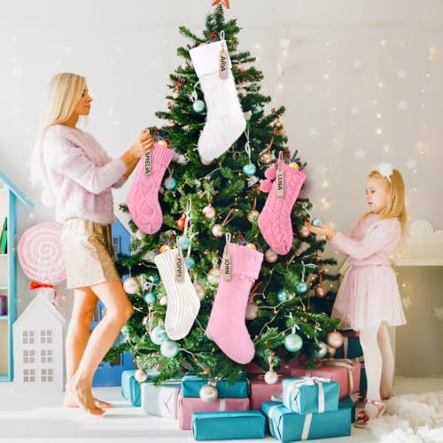 Christmas Stockings Set 5 Pcs Knitted & Plush Holiday Decorations - White & Pink, 18in & 15in, Farmhouse Rustic Style