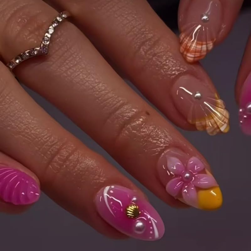 Short Almond French Tip Press on Nails with Pearl 3D Flower Design
