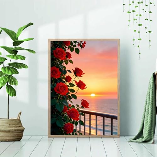 5D Diamond Painting Kit - Red Roses Ocean Sunset, 12x16"