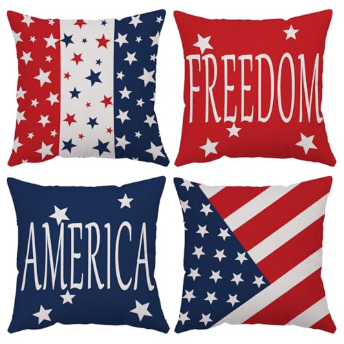 4th of July Velvet Throw Pillow Covers 18x18 (Set of 4) - Patriotic American Flag Decor