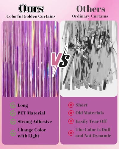 2 Pack Iridescent Rose Pink Party Streamers Backdrop - Holographic Fringe Curtains for Events
